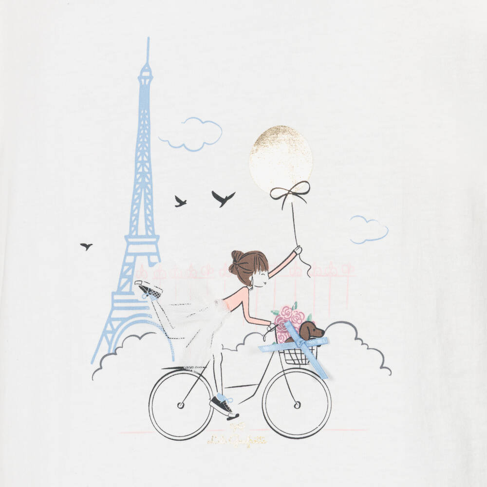 Lili Gaufrette-Girls White Cotton T-Shirt with Parisian Girl Print | Childrensalon