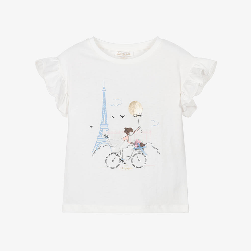 Lili Gaufrette-Girls White Cotton T-Shirt with Parisian Girl Print | Childrensalon