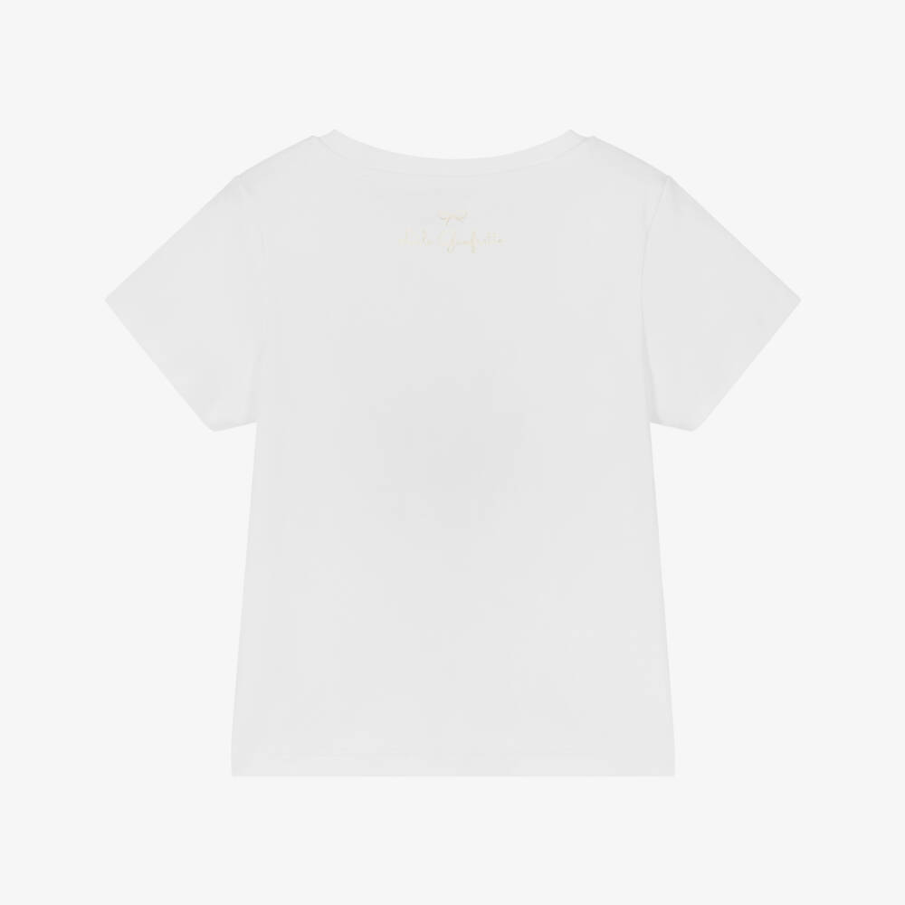 Lili Gaufrette-Girls White Cotton T-Shirt with Pink Bows | Childrensalon