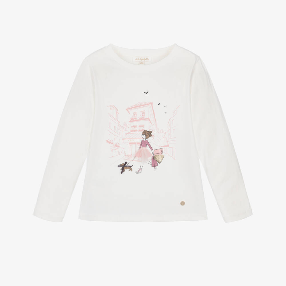 Lili Gaufrette-Girls White Cotton Top with Parisian Girl Print | Childrensalon