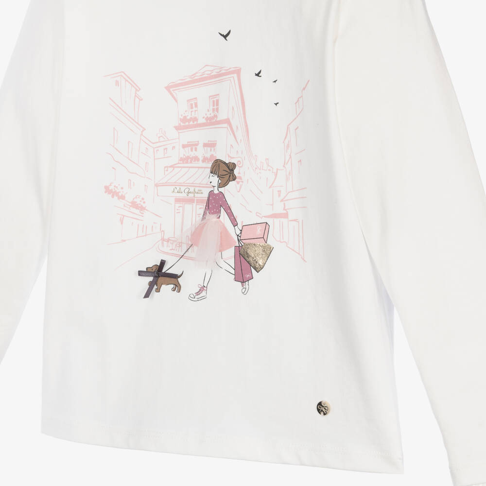 Lili Gaufrette-Girls White Cotton Top with Parisian Girl Print | Childrensalon