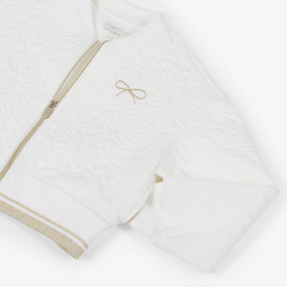 Lili Gaufrette-Girls White Jersey Bomber Jacket with Quilted Floral Pattern | Childrensalon