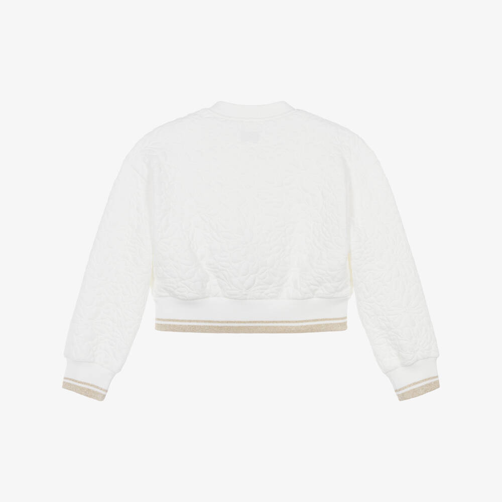 Lili Gaufrette-Girls White Jersey Bomber Jacket with Quilted Floral Pattern | Childrensalon