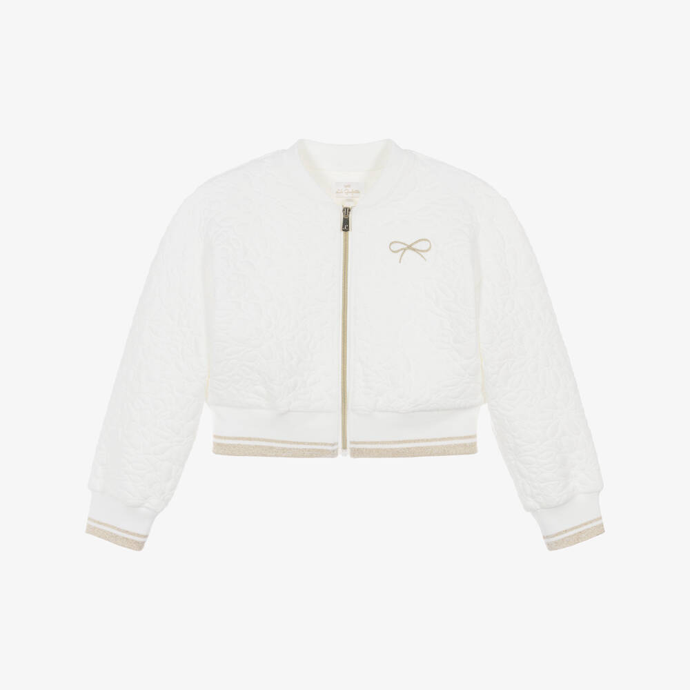 Lili Gaufrette-Girls White Jersey Bomber Jacket with Quilted Floral Pattern | Childrensalon
