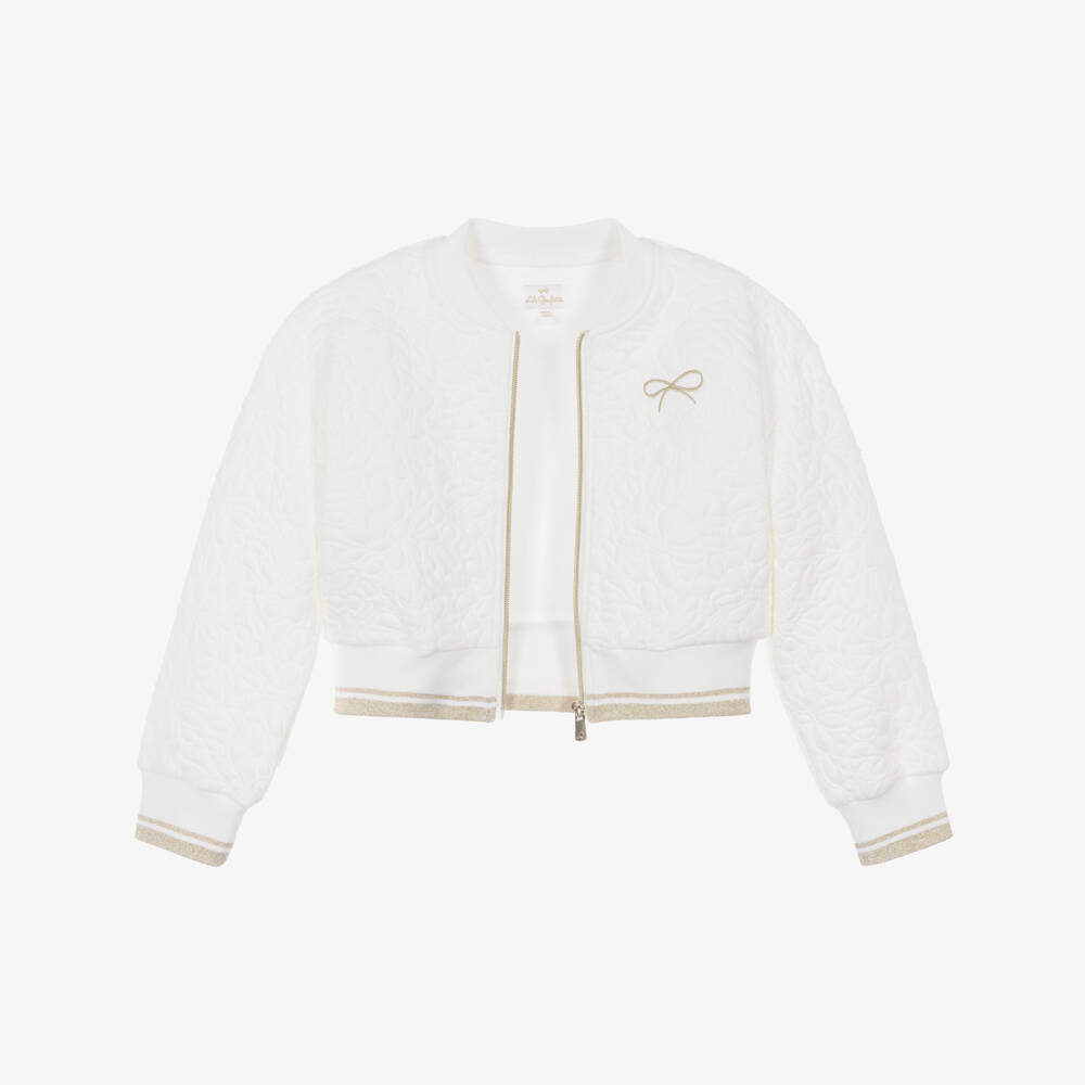 Lili Gaufrette-Girls White Jersey Bomber Jacket with Quilted Floral Pattern | Childrensalon