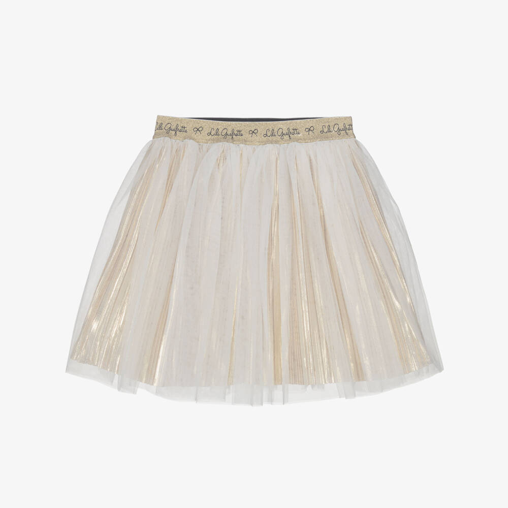 Lili Gaufrette-Girls White Tulle & Gold Plissé Skirt | Childrensalon