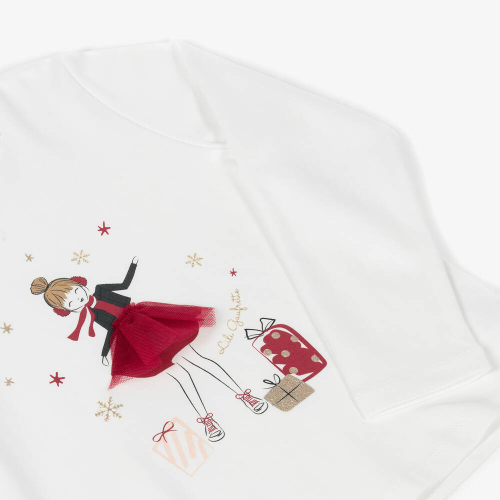 Lili Gaufrette-White Cotton Top with Festive Girl Motif | Childrensalon