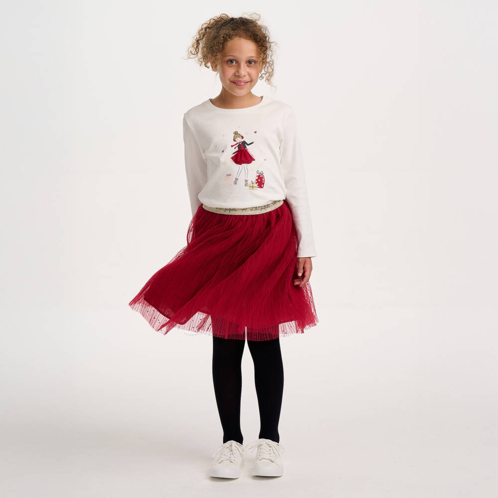Lili Gaufrette-White Cotton Top with Festive Girl Motif | Childrensalon