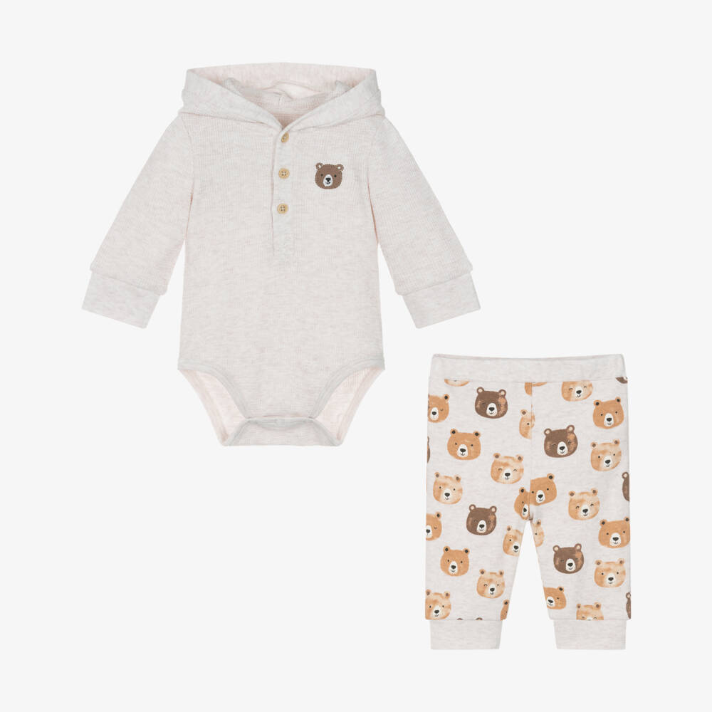 Little Me-Baby Boys Beige Marl Cotton Teddy Trouser Set | Childrensalon