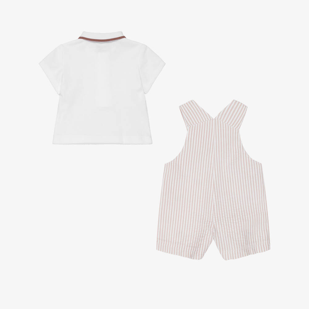 Little Me-Baby Boys Beige Striped Cotton Puppy Dungaree Shorts Set | Childrensalon