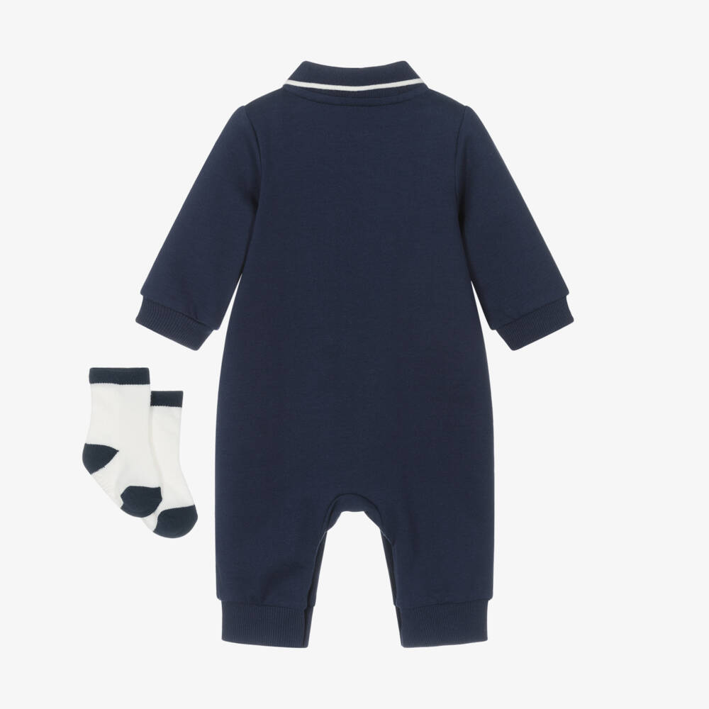 Little Me-Baby Boys Blue Cotton Embroidered Cars Romper Set  | Childrensalon
