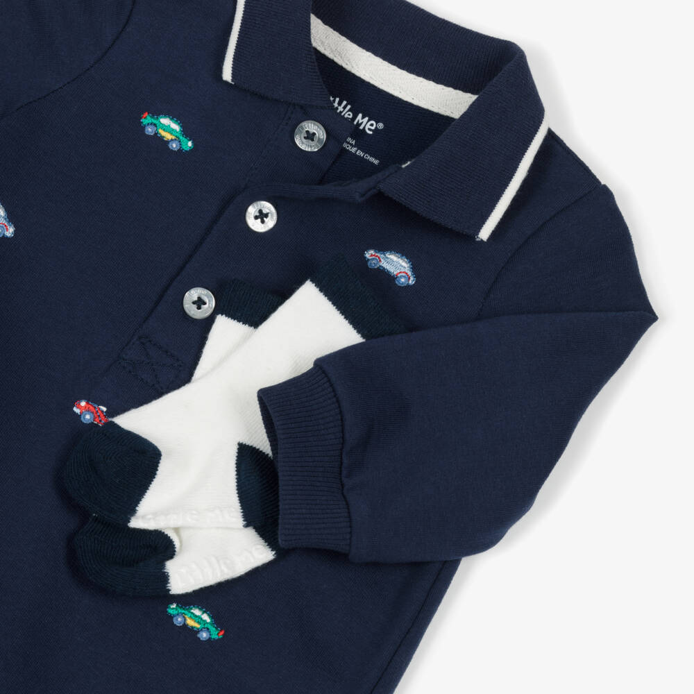 Little Me-Baby Boys Blue Cotton Embroidered Cars Romper Set  | Childrensalon