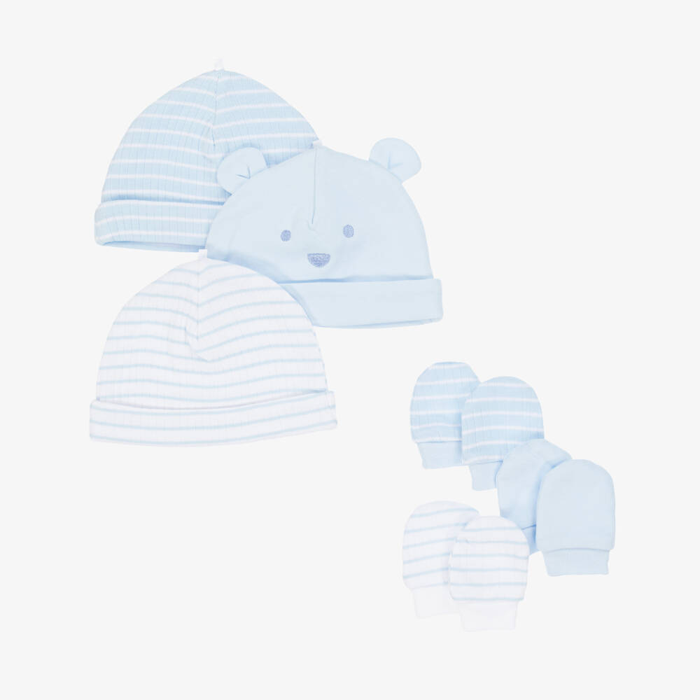 Little Me-Baby Boys Blue Cotton Jersey Hat & Mittens Set | Childrensalon