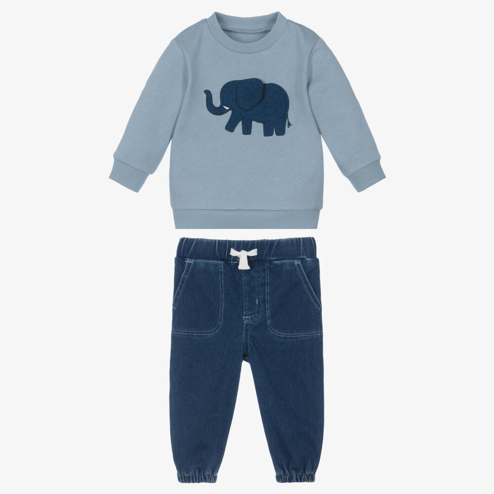 Little Me-Baby Boys Blue Denim Trouser Set with Elephant Motif | Childrensalon
