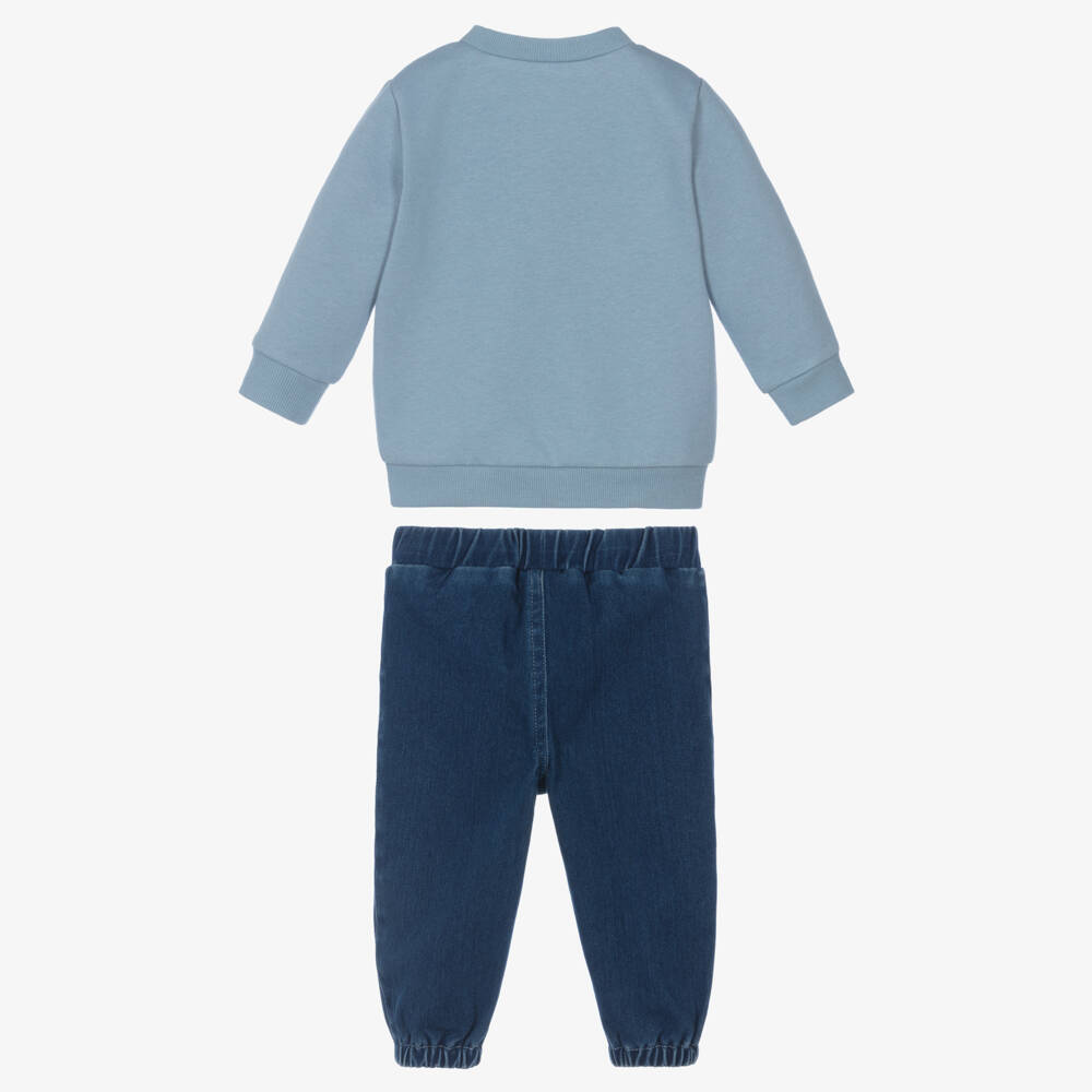 Little Me-Baby Boys Blue Denim Trouser Set with Elephant Motif | Childrensalon
