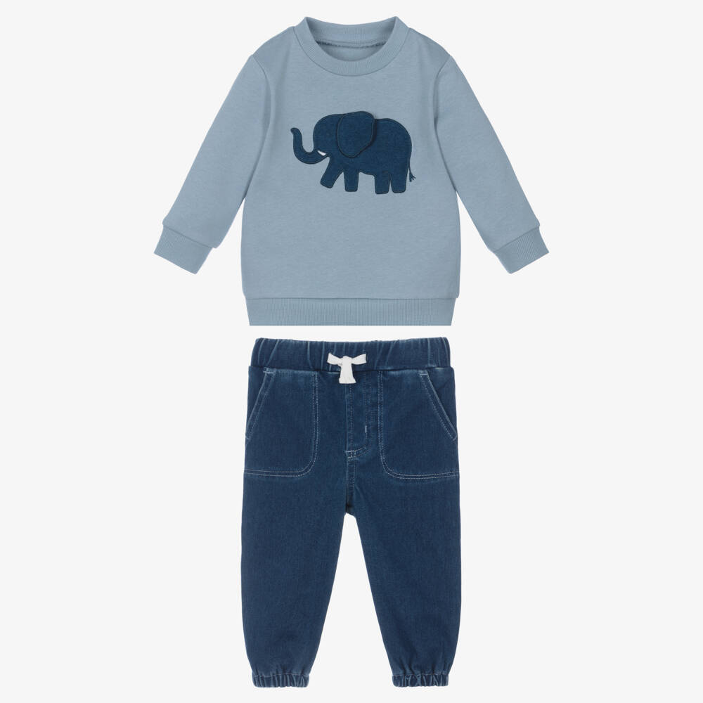 Little Me-Baby Boys Blue Denim Trouser Set with Elephant Motif | Childrensalon