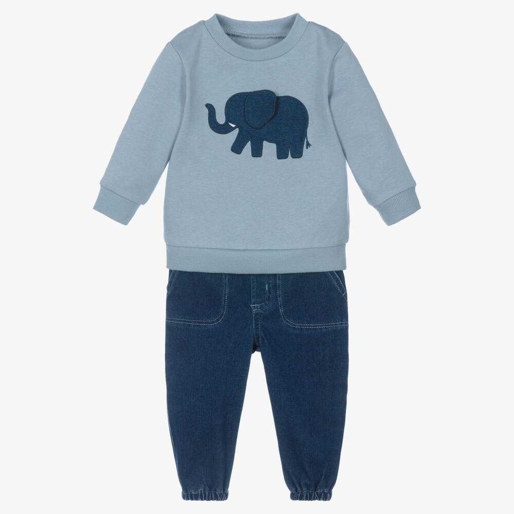 Little Me-Baby Boys Blue Denim Trouser Set with Elephant Motif | Childrensalon