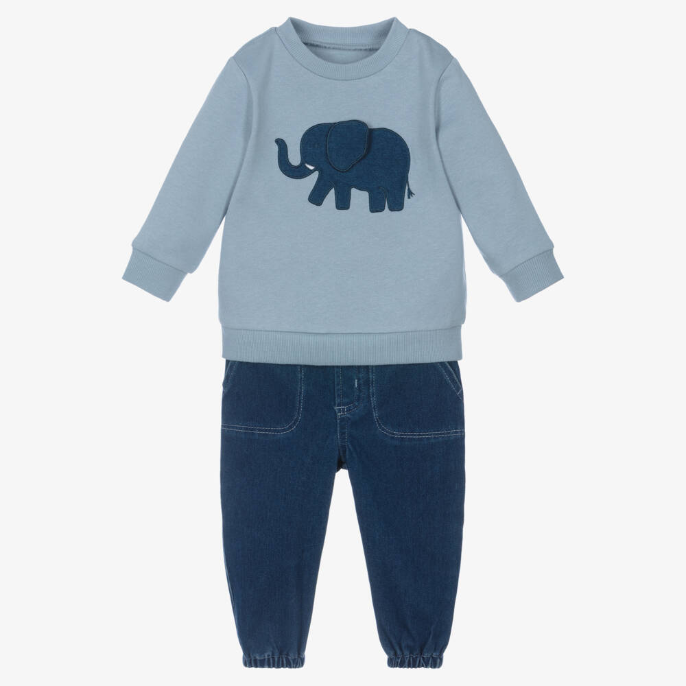 Little Me-Baby Boys Blue Denim Trouser Set with Elephant Motif | Childrensalon