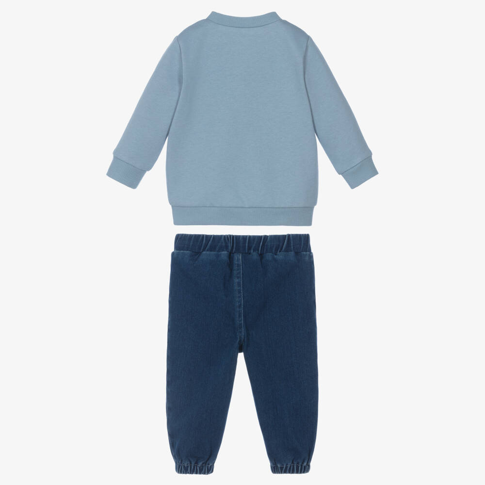 Little Me-Baby Boys Blue Denim Trouser Set with Elephant Motif | Childrensalon