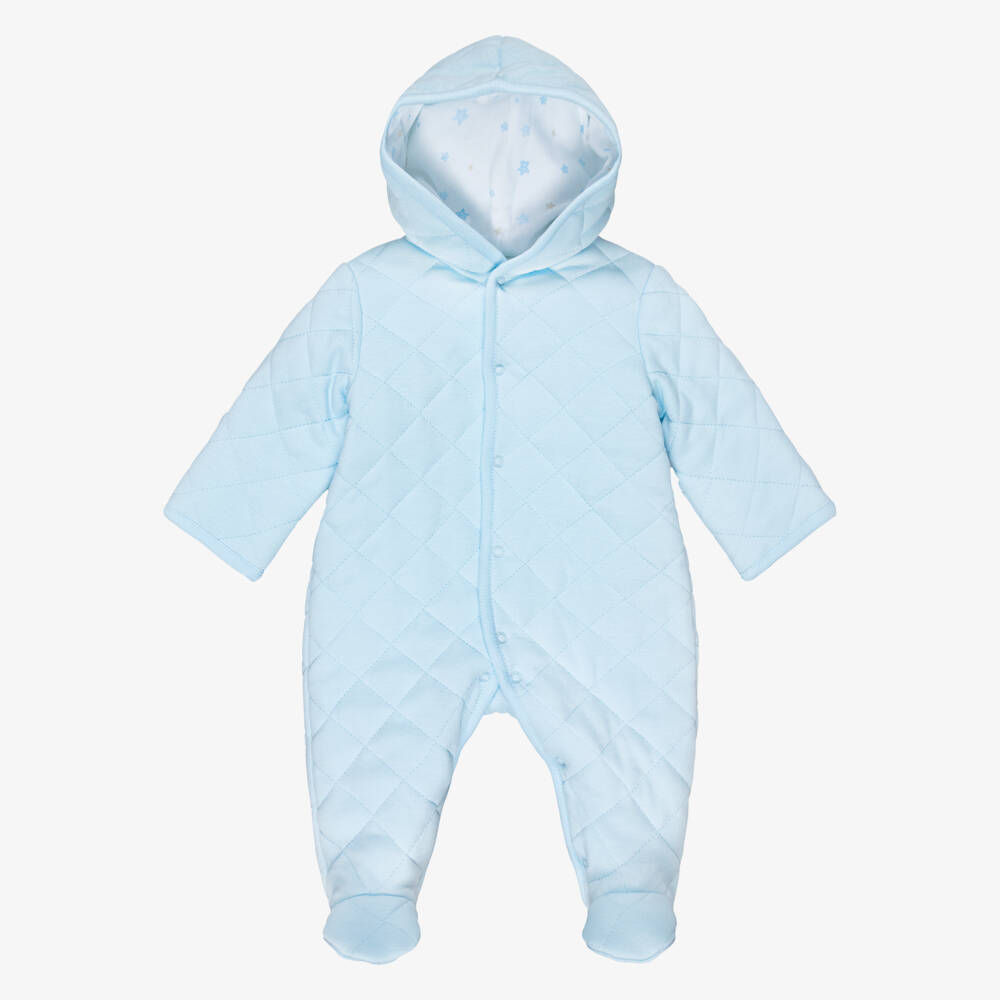 Little Me-Baby Boys Blue Diamond-Stitched Jersey Pramsuit | Childrensalon