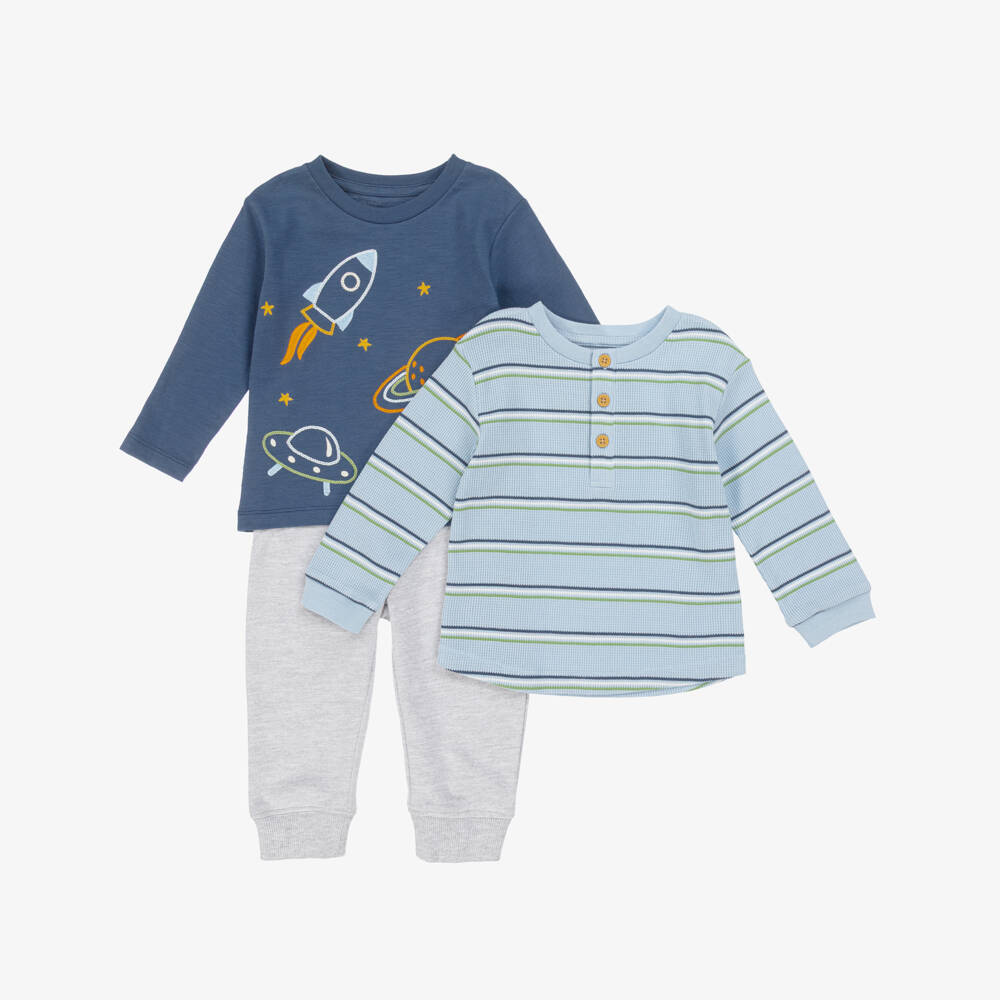Little Me-Baby Boys Blue & Grey Cotton Space Joggers Set | Childrensalon