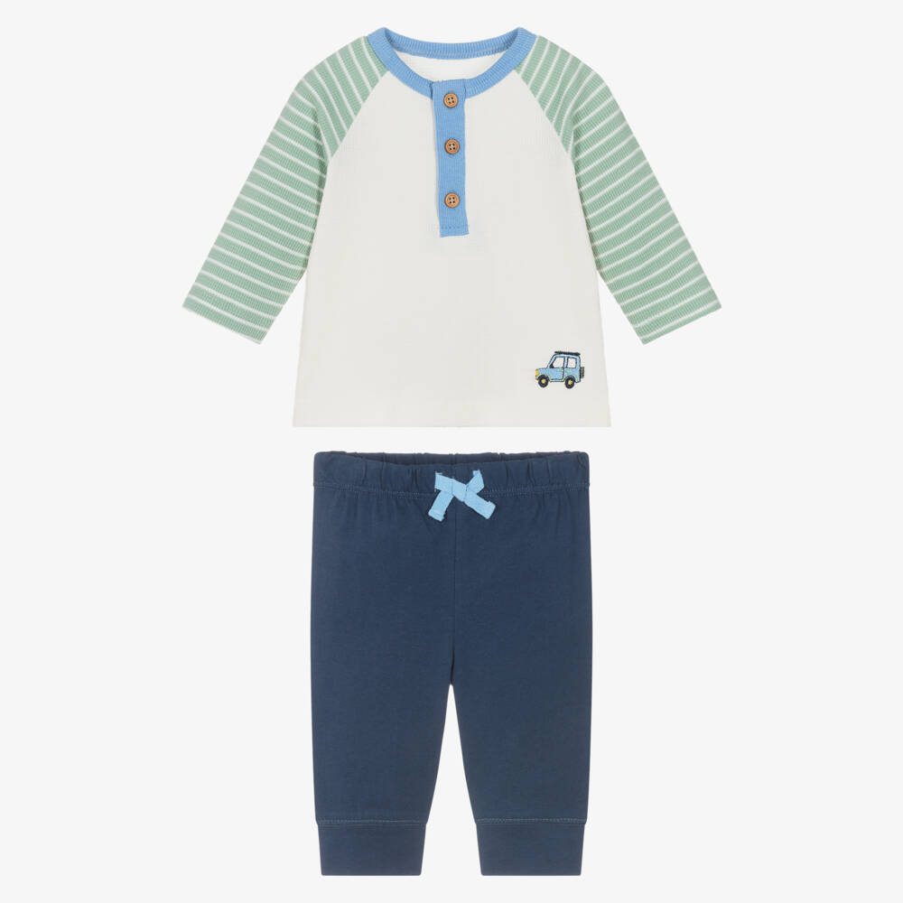 Little Me-Baby Boys Blue, Ivory & Green Cotton Trouser Set | Childrensalon