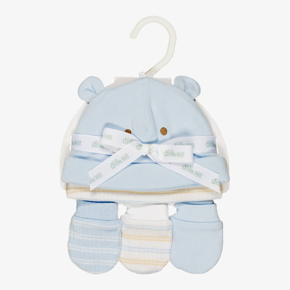 Little Me-Baby Boys Blue Organic Cotton Hat & Mittens Set | Childrensalon