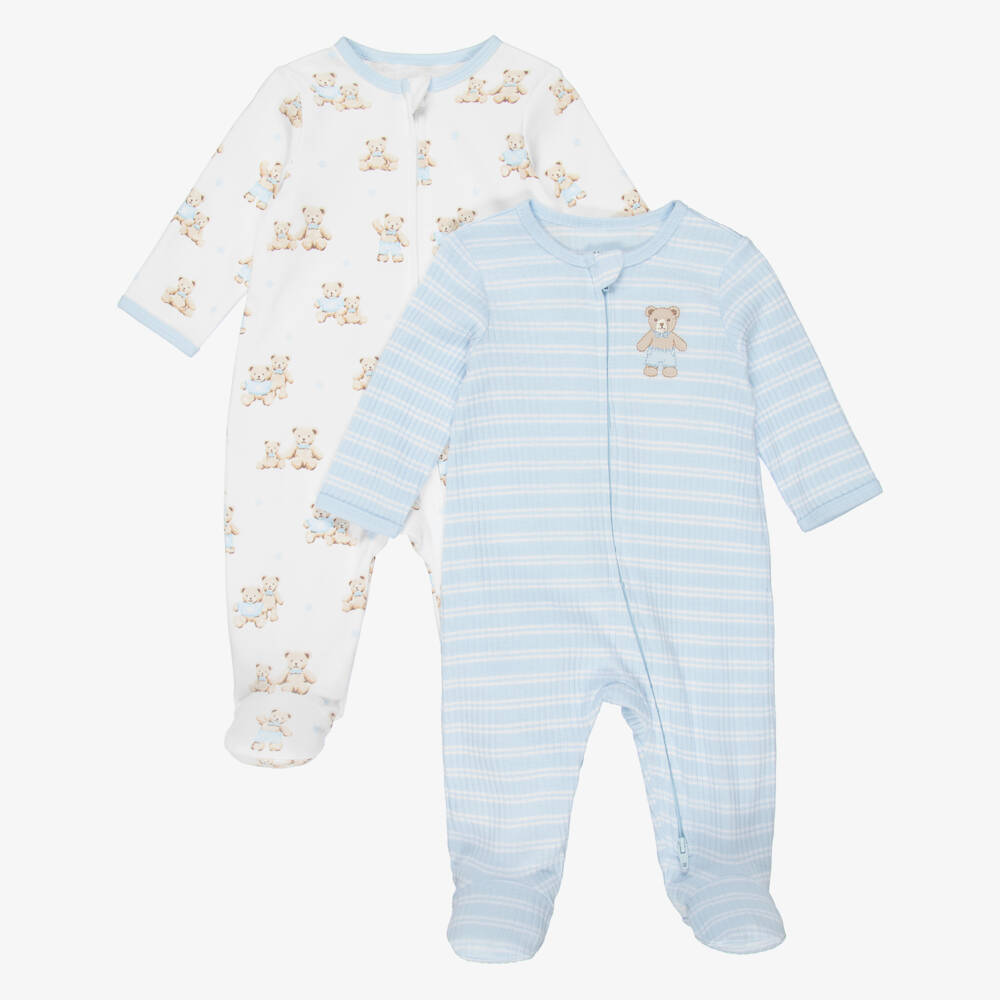 Little Me-Baby Boys Blue Organic Cotton Teddy Babygrows (2 Pack)  | Childrensalon