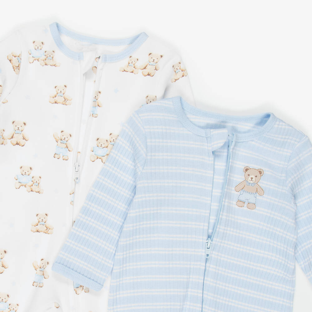 Little Me-Baby Boys Blue Organic Cotton Teddy Babygrows (2 Pack) | Childrensalon
