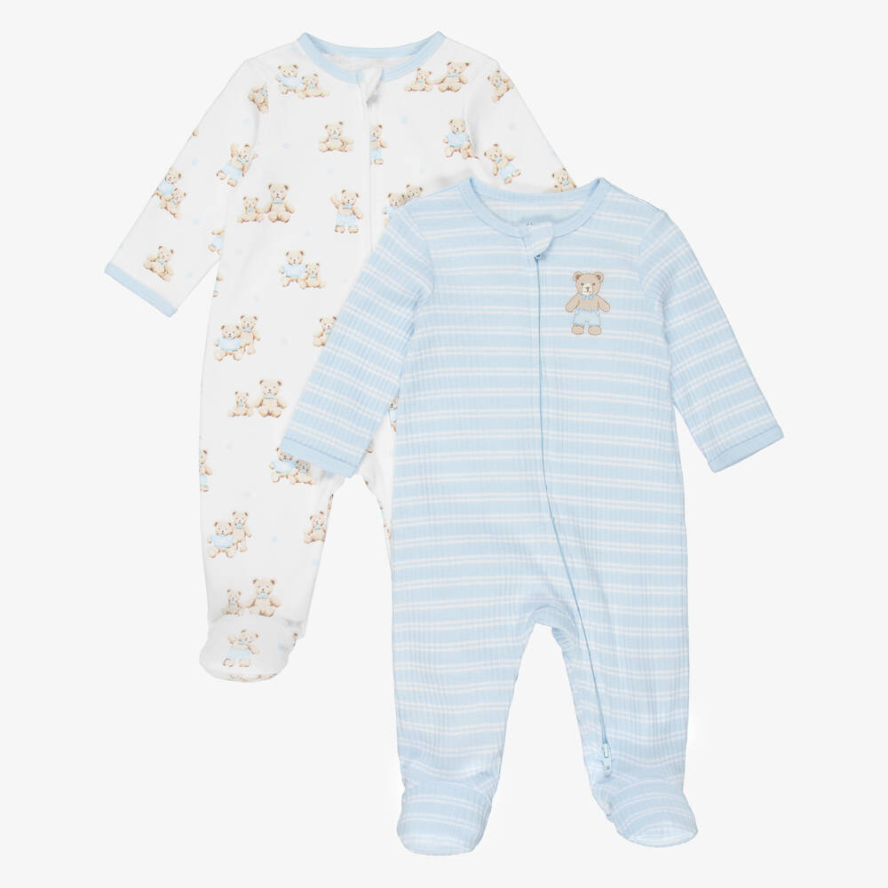 Little Me-Baby Boys Blue Organic Cotton Teddy Babygrows (2 Pack)  | Childrensalon
