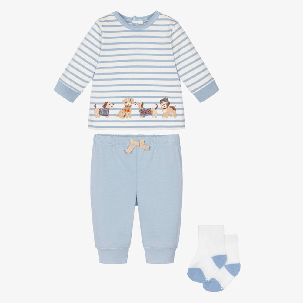 Little Me-Baby Boys Blue Striped Cotton Dog Leggings Set | Childrensalon