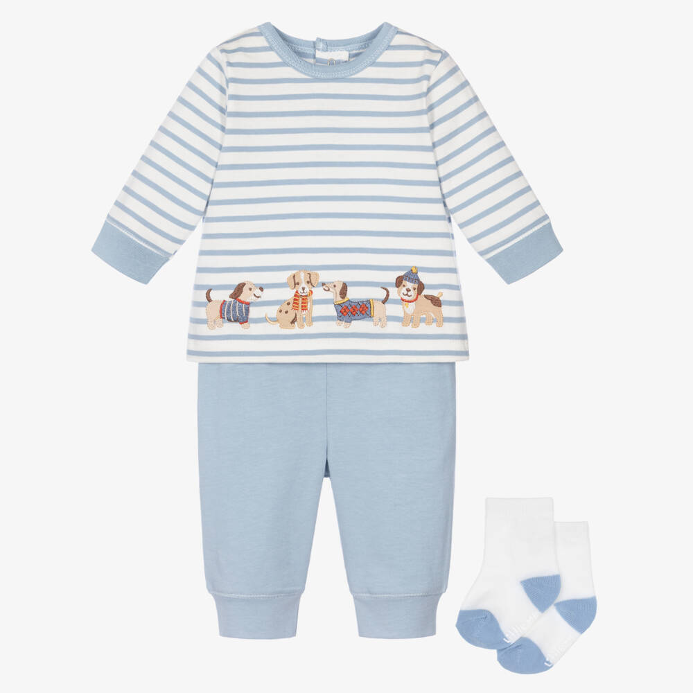 Little Me-Baby Boys Blue Striped Cotton Dog Leggings Set  | Childrensalon