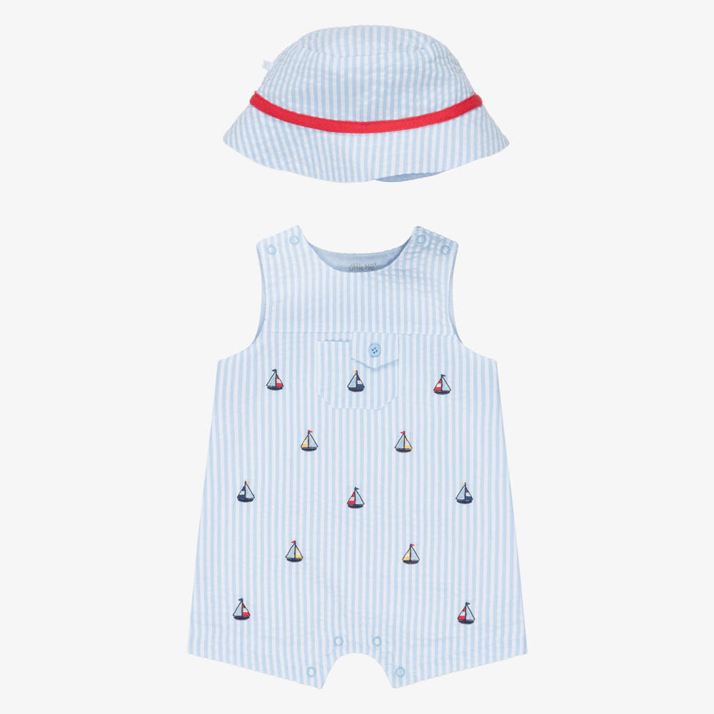 Little Me-Baby Boys Blue Striped Cotton Seersucker Shortie Set | Childrensalon