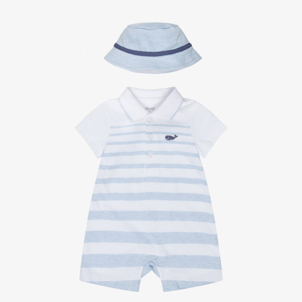 Little Me-Baby Boys Blue Striped Cotton Whale Shortie Set | Childrensalon