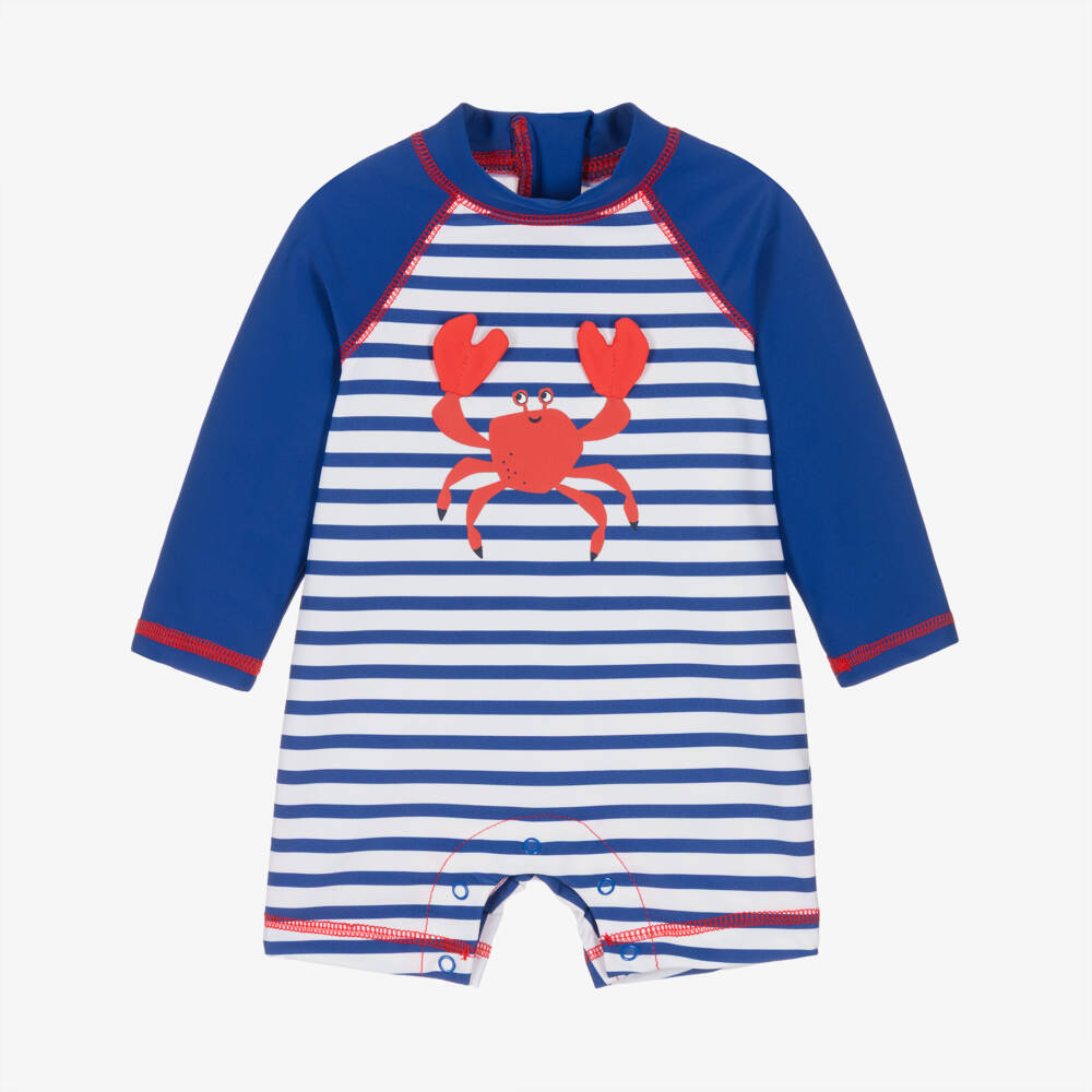Little Me-Baby Boys Blue Striped Crab Print Sun Suit (UPF50+) | Childrensalon