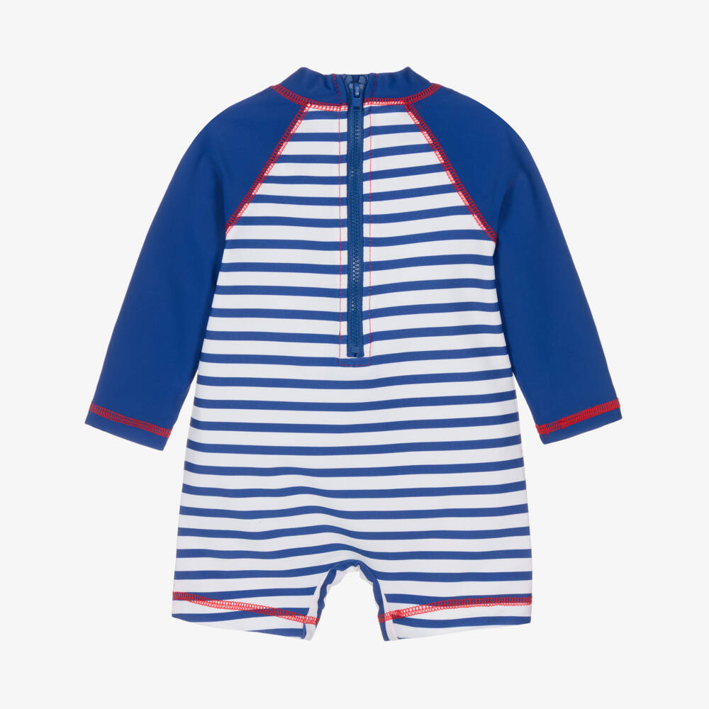 Little Me-Baby Boys Blue Striped Crab Print Sun Suit (UPF50+) | Childrensalon