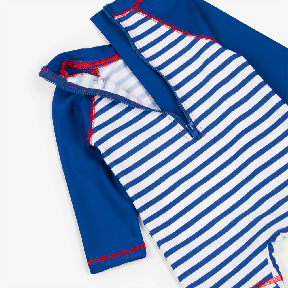 Little Me-Baby Boys Blue Striped Crab Print Sun Suit (UPF50+) | Childrensalon