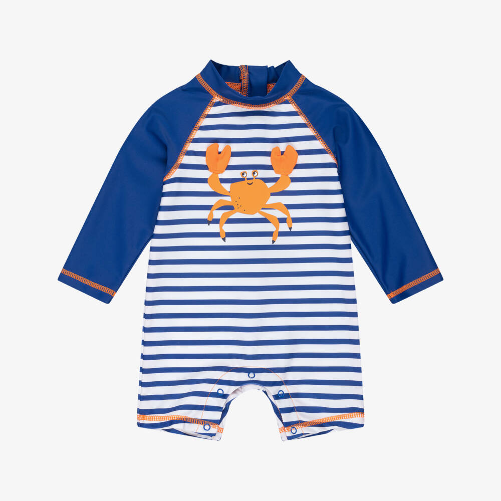 Little Me-Baby Boys Blue Striped Crab Sun Suit (UPF50+) | Childrensalon