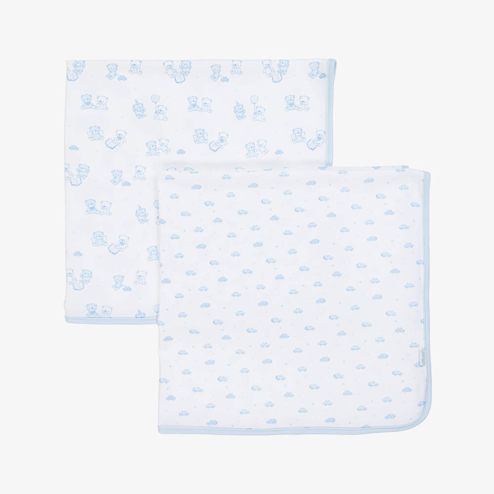 Little Me-Baby Boys Blue & White Cotton Teddy Bears Blanket (2 Pack) | Childrensalon