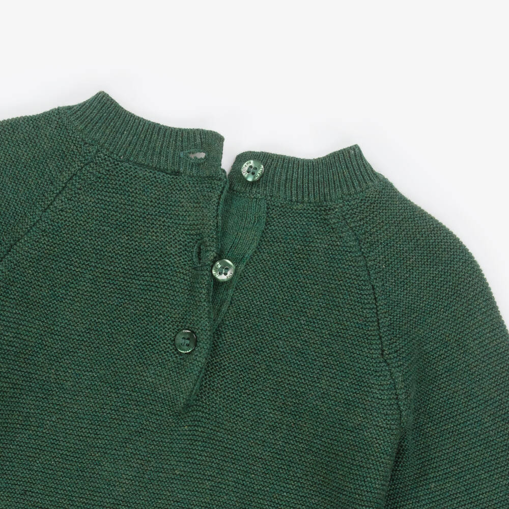 Little Me-Baby Boys Green Cotton Knit Festive Deer Trousers Set | Childrensalon