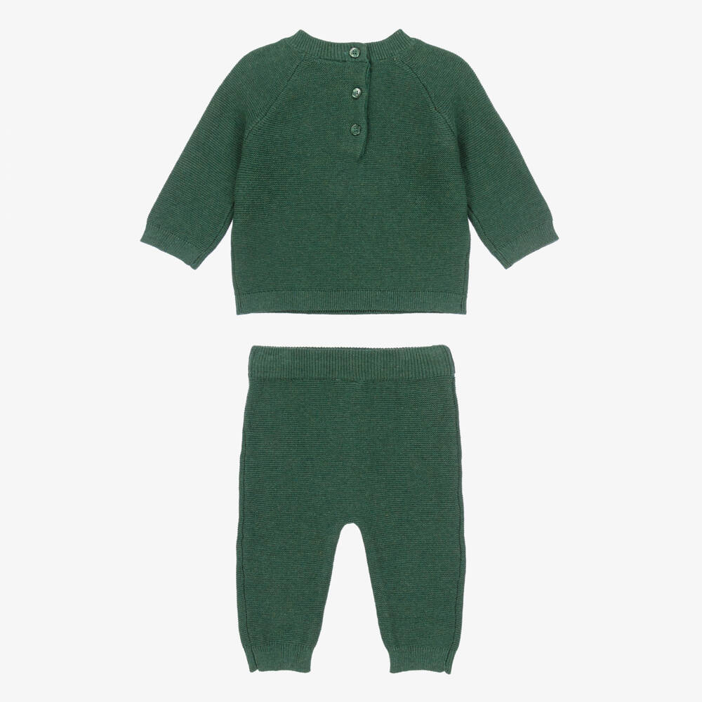 Little Me-Baby Boys Green Cotton Knit Festive Deer Trousers Set | Childrensalon