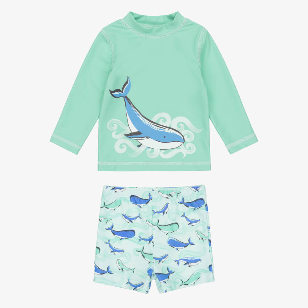 Little Me-Baby Boys Green Whale Print Swim Set (UPF50+) | Childrensalon