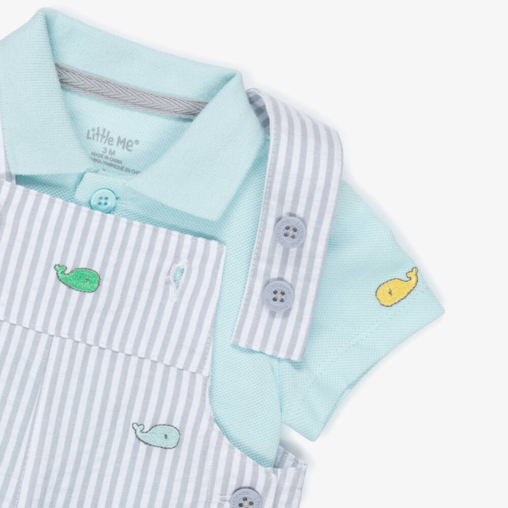 Little Me-Baby Boys Grey Striped Cotton Dungaree Shorts Set | Childrensalon