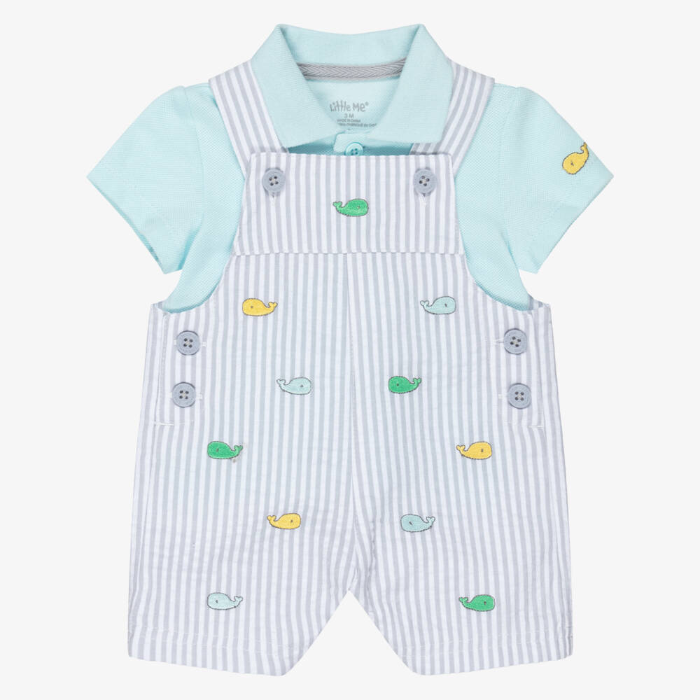 Little Me-Baby Boys Grey Striped Cotton Dungaree Shorts Set | Childrensalon