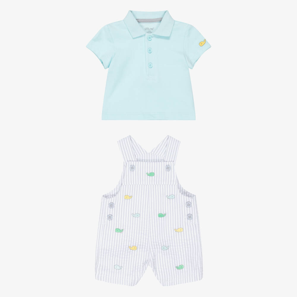 Little Me-Baby Boys Grey Striped Cotton Dungaree Shorts Set | Childrensalon