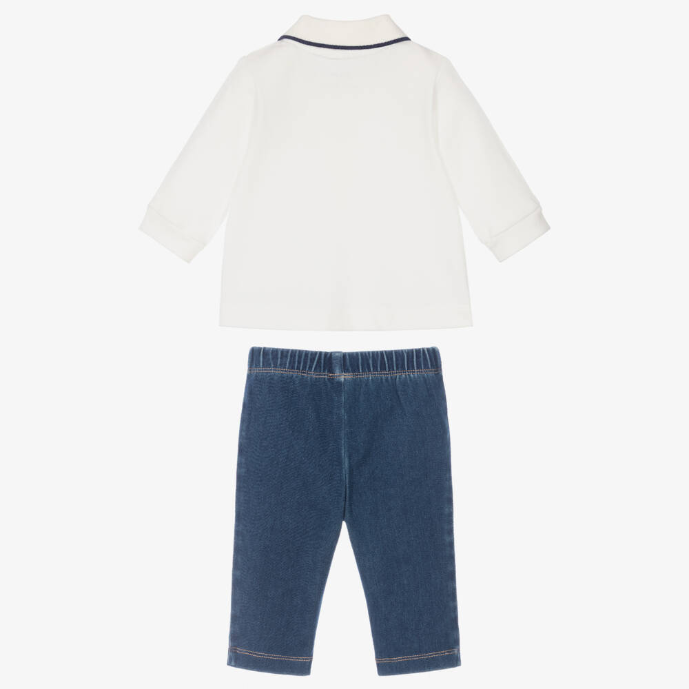 Little Me-Baby Boys Ivory Piqué Polo Shirt & Blue Denim Trouser Set | Childrensalon