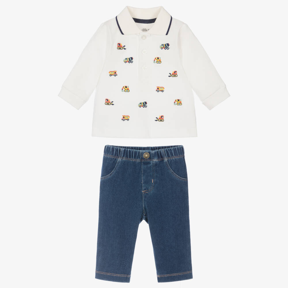 Little Me-Baby Boys Ivory Piqué Polo Shirt & Blue Denim Trouser Set | Childrensalon