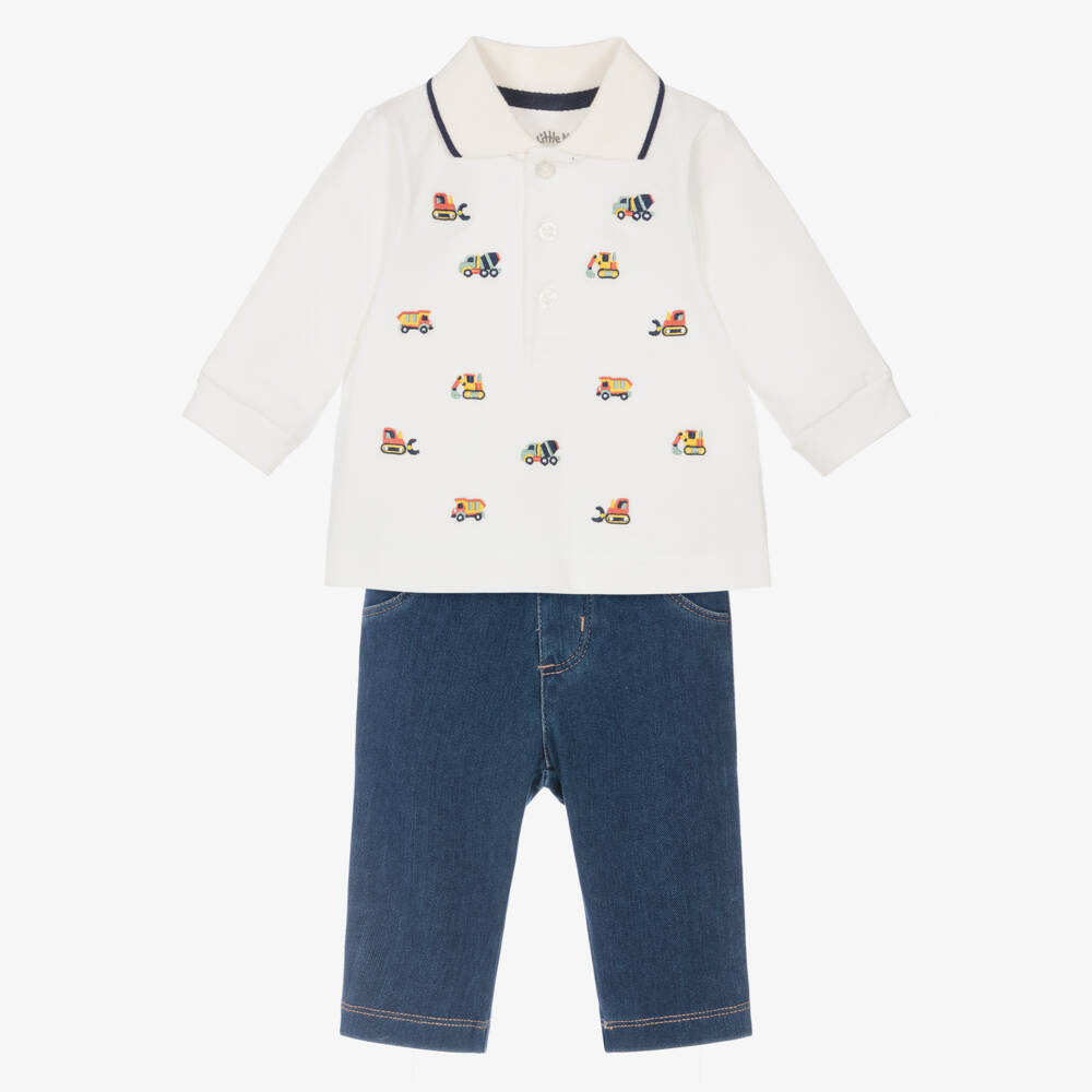 Little Me-Baby Boys Ivory Piqué Polo Shirt & Blue Denim Trouser Set | Childrensalon