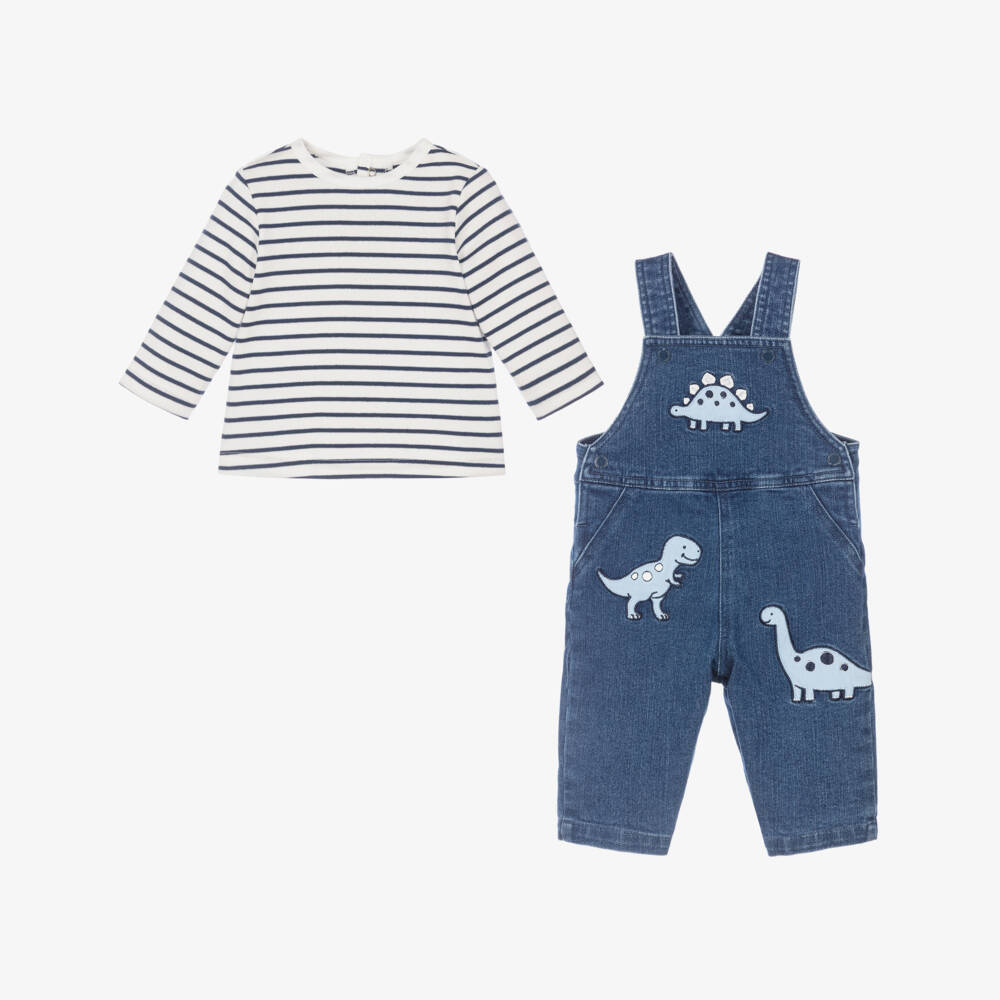 Little Me-Baby Boys Navy Blue Denim Dinosaur Dungaree Set | Childrensalon