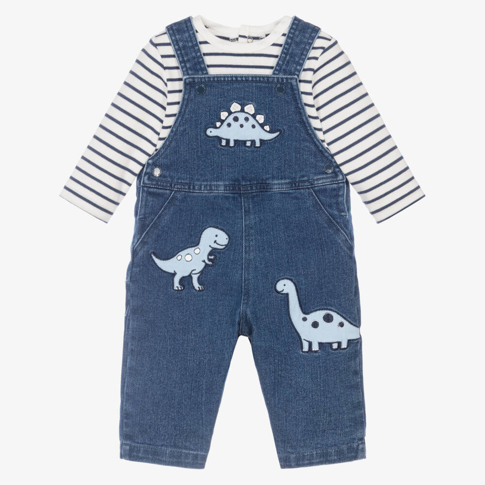 Little Me-Baby Boys Navy Blue Denim Dinosaur Dungaree Set | Childrensalon